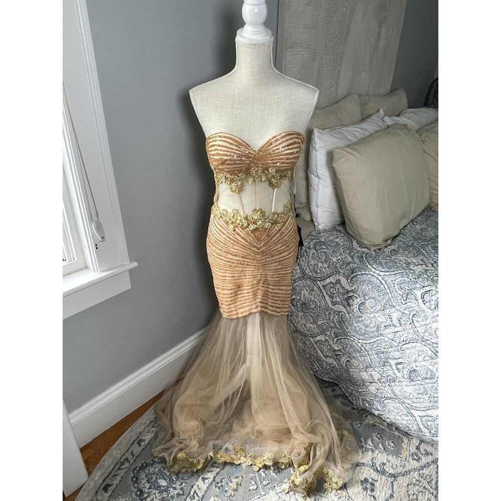 Black Label Couture Mermaid Gown Sz 2 Bronze Sheer Corset Formal Dress